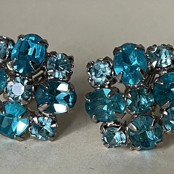 Weiss blue rhinestone flower screw-back earrings