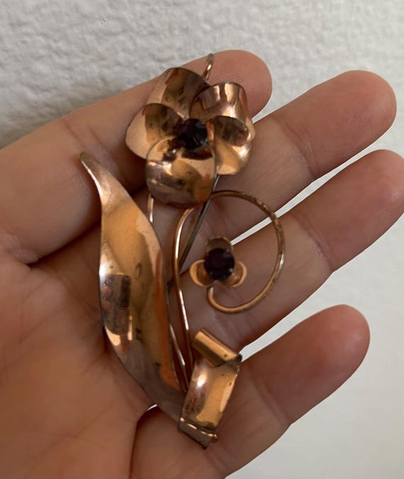 Jordan sterling silver vermeil, purple rhinestone flower floral brooch. Pansy flower.