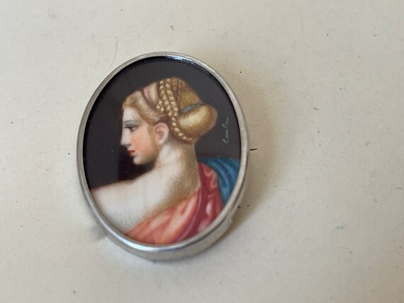 800 Silver italian  Hand painted Portrait Brooch … - image 2