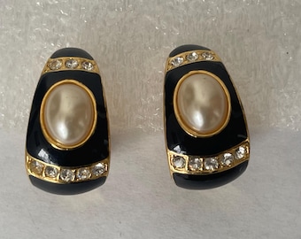 Joan Rivers black enamel, rhinestone, faux pearl  half hoop, hoop clip-on earrings