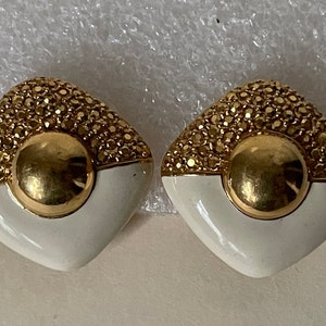 St. John off-white enamel, gold rhinestone gold plated clip-on earrings
