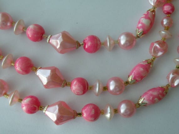 Kramer beaded pink plastic necklace. 3 strand. - image 3