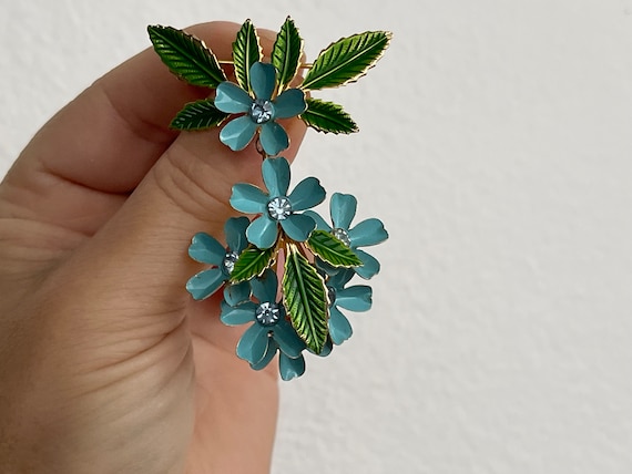 Blue, green enamel, blue rhinestone  flowers dang… - image 1