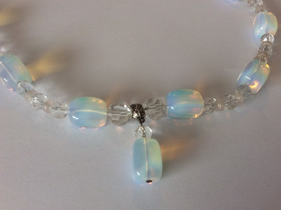 Moonstone glass, clear crystal beaded necklace. P… - image 4