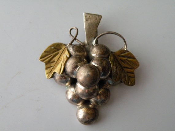 Mexican Sterling  Silver Brass Grape brooch pin p… - image 3