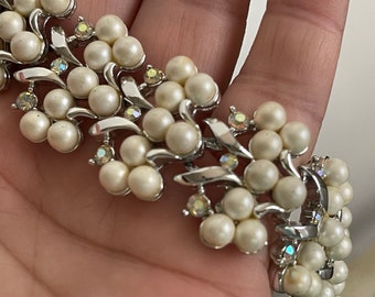 Coro unmarked faux pearl, aurora borealis rhinestone bracelet