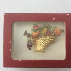 Enamel, seed beads, gold plated fruits and vegetables basket brooch