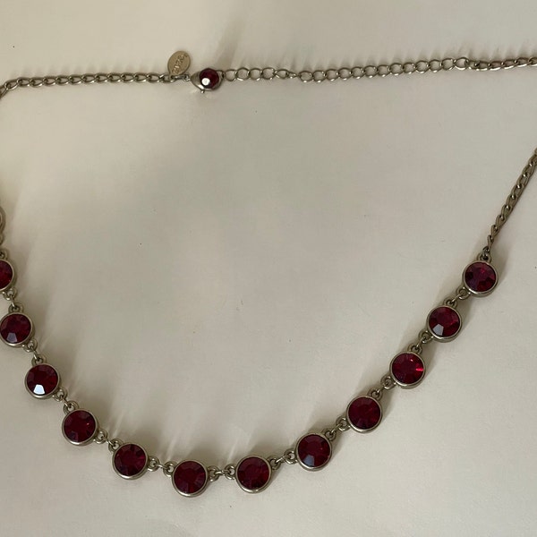 2028 1928  siam red, dark red  rhinestone necklace, bezel set.