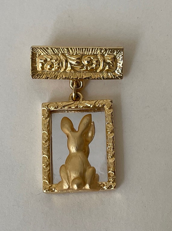 JJ gold plated rabbit looking in the mirror brooch