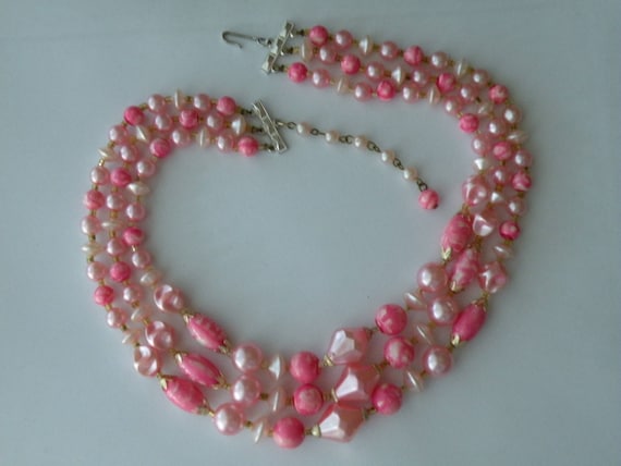 Kramer beaded pink plastic necklace. 3 strand. - image 1