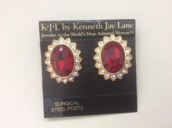 KJL Kenneth Jay Lane red clear rhinestone stud ea… - image 1