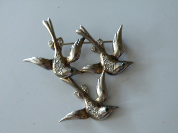 Sterling silver birds rhinestone brooch pin - image 2