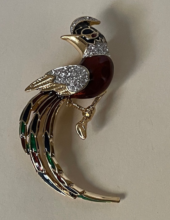 Multi color enamel, rhinestone bird brooch
