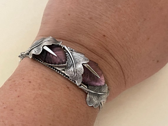 Purple frosted glass leaf silver plated bangle, h… - image 3
