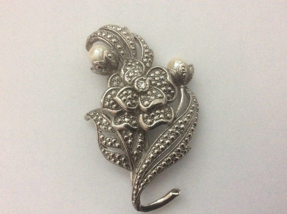 KJL for Avon Flower Brooch Pin. Faux Pearls Rhinestone. Etsy