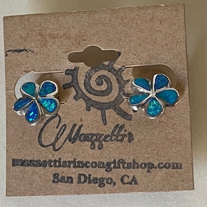 Sterling silver 925 lab. created opal plumeria flower, Hawaiian flower latch back earrings NOS