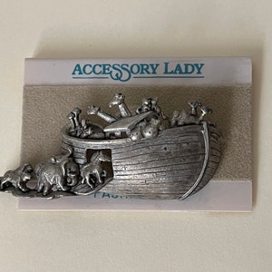 AJC für Accessoire Lady Noah&#39;s Arche Brosche, 1980er Jahre silberfarbene Tierbrosche, Bibel