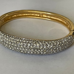 Swarovski swan logo Pave&#39; clear rhinestone, gold plated bangle bracelet 7.75&quot; - 8&quot;