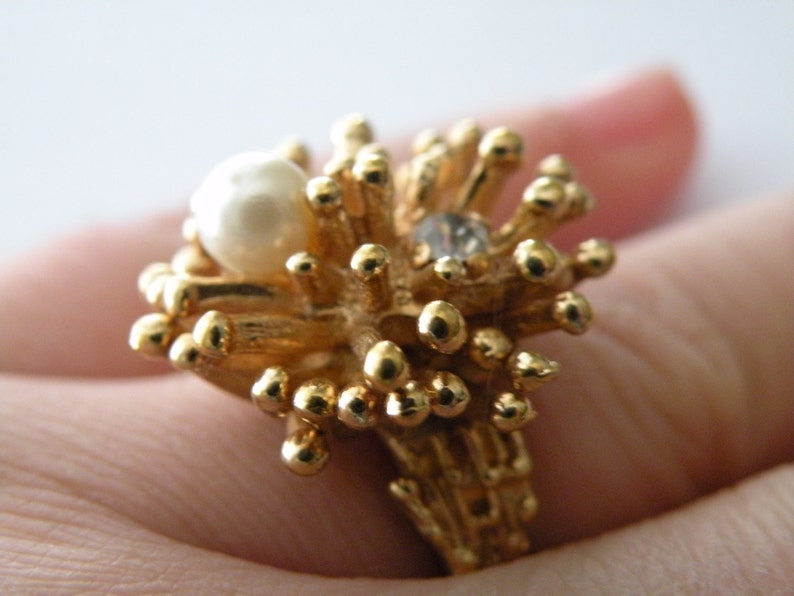 Adjustable Faux pearl clear rhinestone gold plated ring