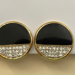 KJL Kenneth Lane black enamel, clear rhinestone clip-on earrings