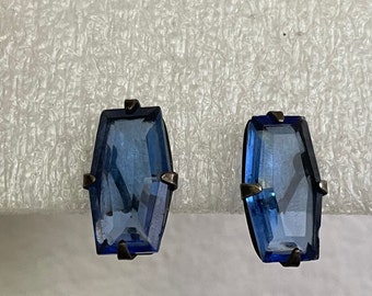 Art Deco sterling silver blue Czech glass screw-back earrings