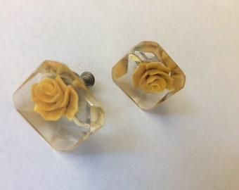 Carved Lucite Yellow Roses Flower Screw - Back Earrings