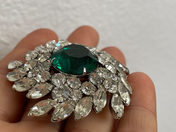 Emerald green, clear rhinestone rhodium plated br… - image 4