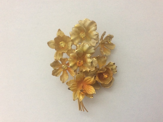 Austria yellow orange enamel, rhinestone flower b… - image 3