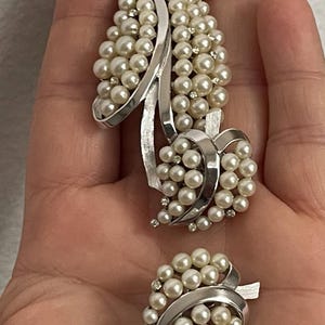 Crown Trifari leaf clip on earring, brooch. Faux pearls. Rhinestones.Silver plate. Set.  1960s.