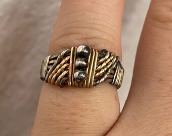Handmade sterling silver 925, 14k gold filled wire wrap, wire jewelry 3 bead wave ring size 5 1/2