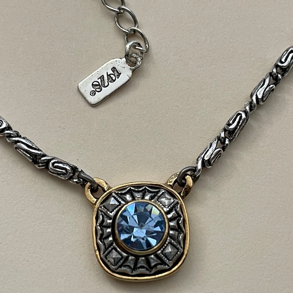 1928 blue rhinestone silver plated, gold plated pendant necklace