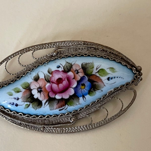 Russian Finift hand painted  Enamel floral filigree brooch