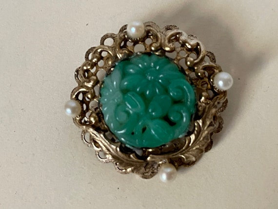 Carved faux jade, carved glass, faux pearl brooch