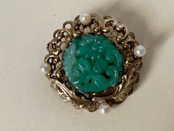 Carved faux jade, carved glass, faux pearl brooch - image 1