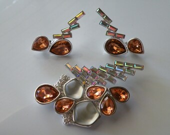 Monet YSL brooch pendant, clip on earrings Frosted glass ab amber rhinestone. Set