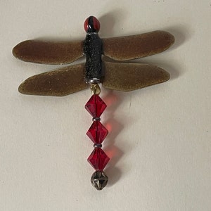 Handmade dragonfly brooch. Enamel, crystal beads, metal beads. Signed by artist