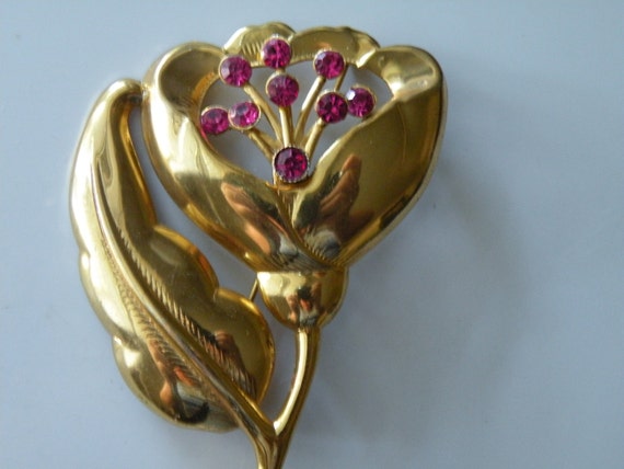 Sterling silver gold plate flower brooch pin. 194… - image 2