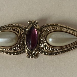 1928 unmarked, faux pearl cabochon, purple glass  cabochon brooch