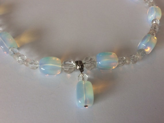 Moonstone glass, clear crystal beaded necklace. P… - image 6