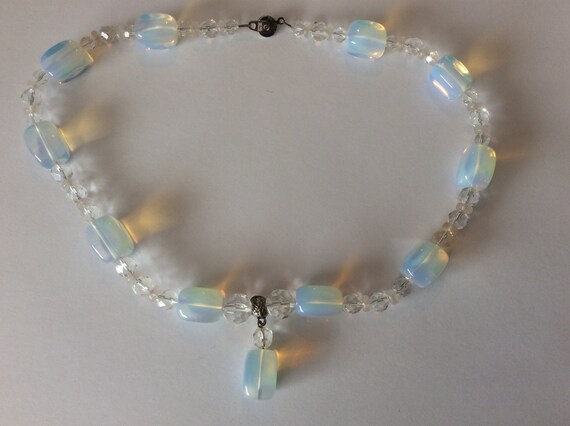 Moonstone glass, clear crystal beaded necklace. P… - image 3