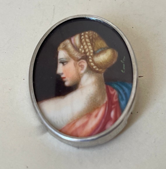 800 Silver italian  Hand painted Portrait Brooch … - image 1