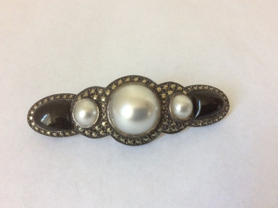 Judith Jack Brooch Pin Pearl black onyx marcasite… - image 2