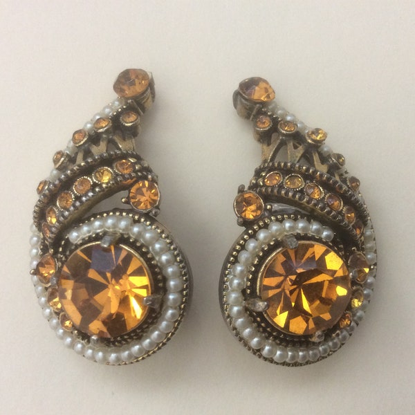 Hollycraft topaz rhinestone, faux seed pearls clip-on earrings