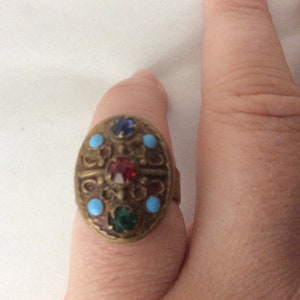 Art Deco rhinestone enamel brass ring size 6.5 Czechoslovakia. Etruscan style