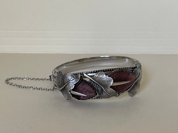 Purple frosted glass leaf silver plated bangle, h… - image 6