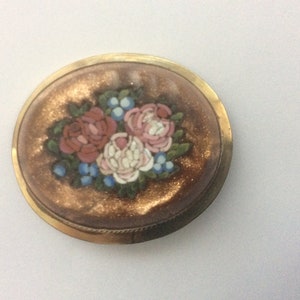 Antique Micromosaic Micro mosaic roses floral gold filled brooch