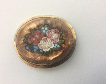 Antique Micromosaic Micro mosaic roses floral gold filled brooch