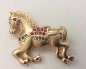 Napier satin, antique, matte gold,  rhinestone  horse brooch