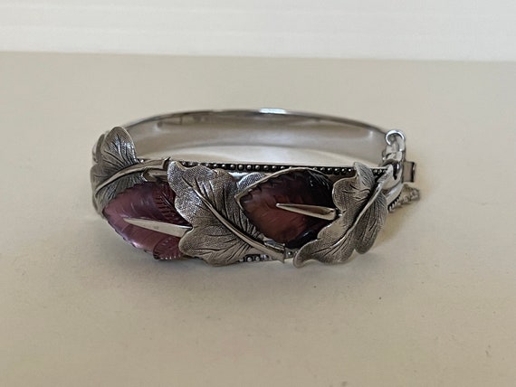 Purple frosted glass leaf silver plated bangle, h… - image 10