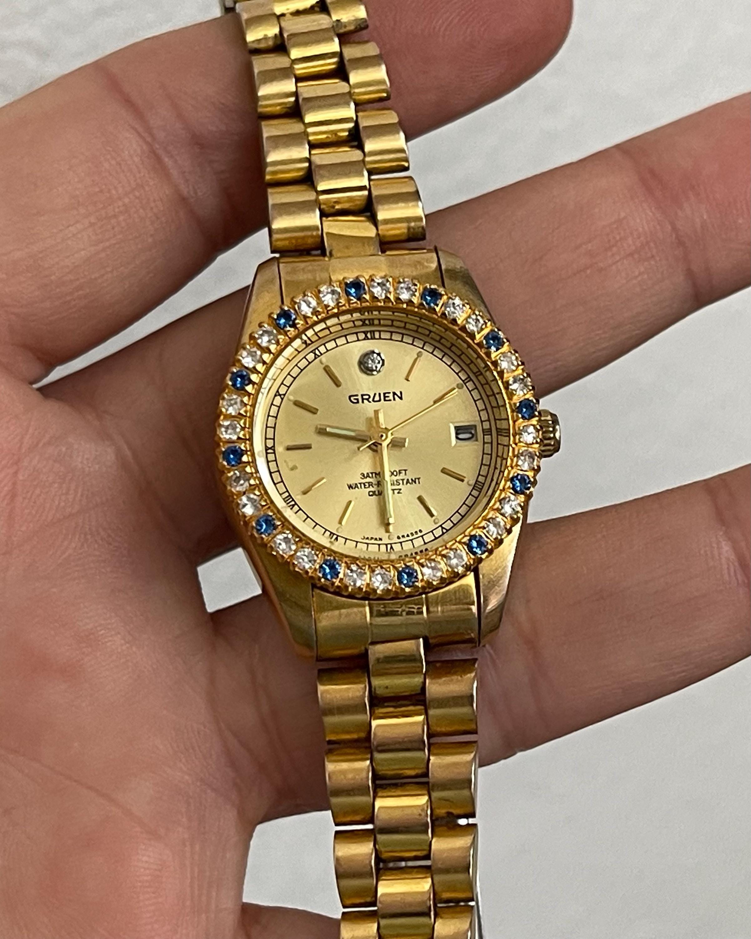 GRUEN ゴールド クォーツ時計 GRUEN Ladies Quartz Watch With Blue and Clear Crystals. Gold Tone